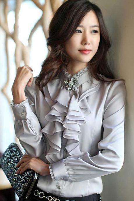 Spring and Autumn , professional white shirt, long sleeve collar bottom shirt top, chiffon blouse,offices,complimentary pearl brooch