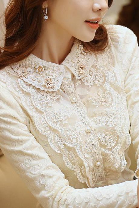 Spring And Autumn, Baby Collar Lace Shirt, Long Sleeve Blouse