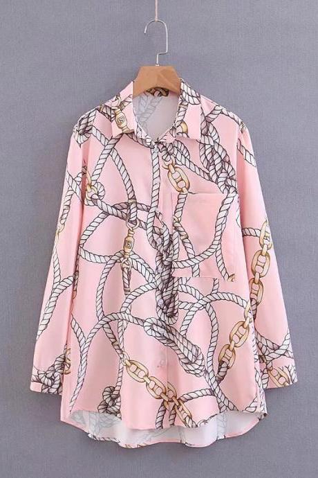 Chain Print, Single Breasted, Loose, Long Sleeve Blouse