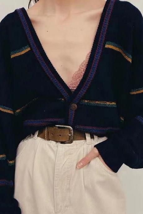 Vintage, navy blue, V-neck striped sweater jacket, slouchy cardigan