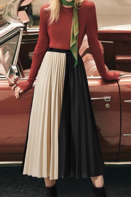 Spring/summer Skirt, Style, High Waist, Contrasting Colors, Patchwork, Long A-line Skirt, Pleated Skirt