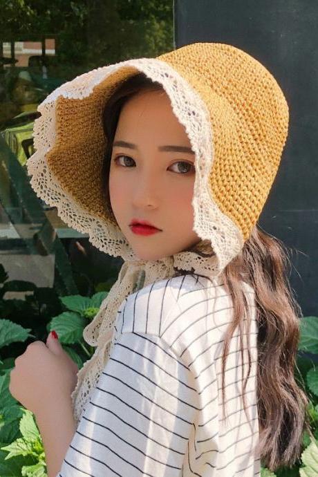 Lace straw hat, outdoor beach fisherman hat, sunshade and sun protection hat, girls straw hat ,wholesale