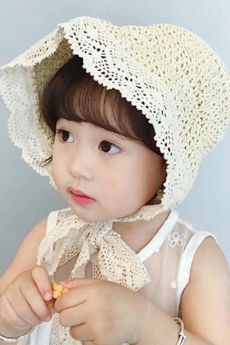 Lace ribbons, pure handmade straw hats for children, summer sunshade and sun protection hats, baby straw hats with big edge,2-10 years