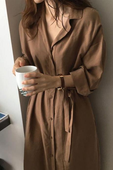 Home Long Dress, Tie V-neck, Cold Style Dress, Lazy Style, Chic Spring And Autumn Shirt Dress