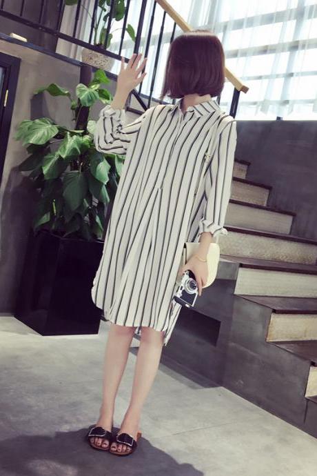 Large size, vertical stripe loose midi long sleeve shirt, casual shirt dress
