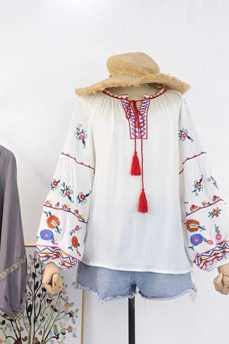 Holiday ethnic style blouse, heavy embroidery, tie V neck lantern sleeve shirt
