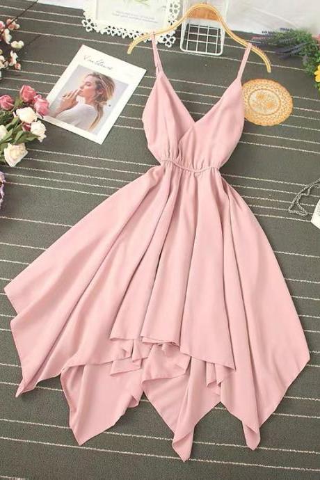 New candy color irregular high-waisted dress, V-neck halter dress, beach dress