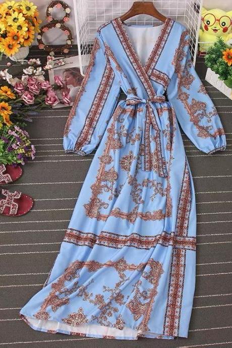 Long sleeves flower V-neck dress, printing temperament gentle and elegant big dress