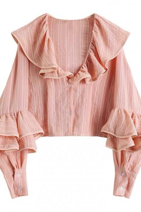 Pink Flounce Striped Short Shirt, High Waist, Long Sleeves, Girl&amp;amp;amp;amp;amp;amp;amp;#039;s Blouse, Loose Crop Top
