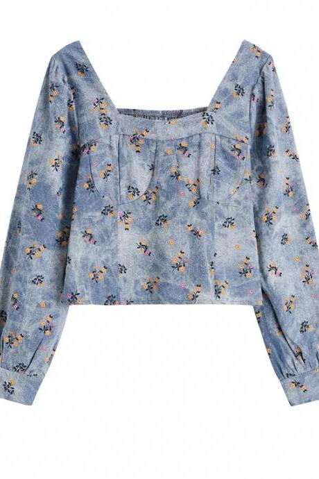 Spring And Autumn Style,square Collar Bubble Sleeve Shirt, Loose Denim Floral Crop Top