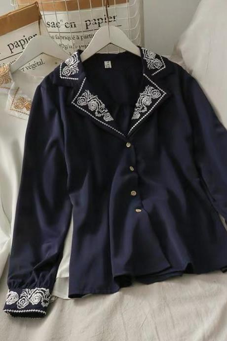 Vintage Embroidery, Single Breasted, Loose Long-sleeve Base Shirt, Blazer Collar Cardigan, Chiffon Top