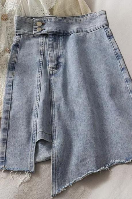 Irregular split edge light colored denim skirt, summer chic, hip wrap A-line skirt