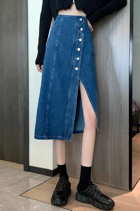 Split jean skirt, new high waist, irregular long skirt