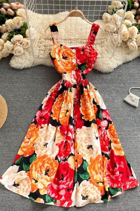 Style, Vintage,spaghetti Strap Printed Dress,bright Printed Flower ,summer Dress