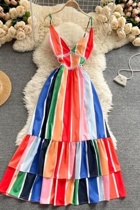 Clashing colors, splicing, vacation style, sexy backless, long halter dress