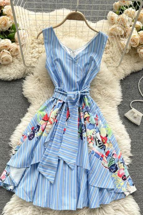 Striped dress, floral printed dress, irregular flounces, belted dress