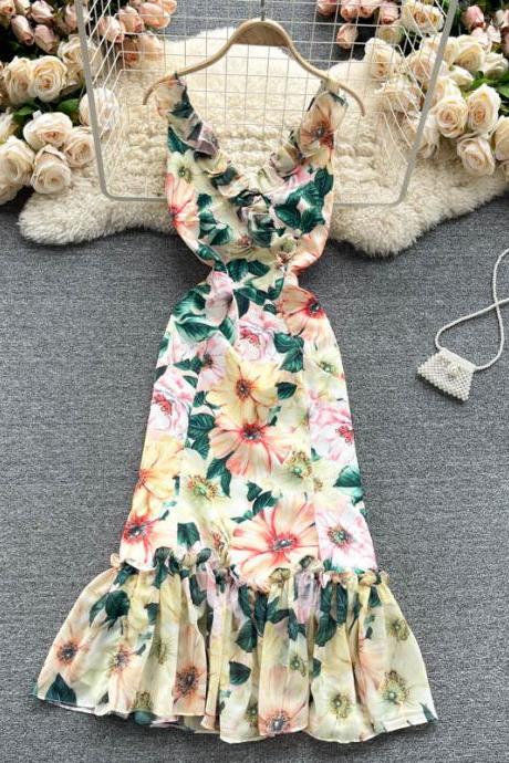 socialite dress, sweet ear edge V neck, wrap hip flounce, fishtail dress printed dress