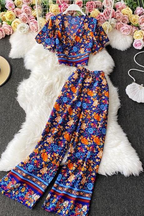 Ethnic Style, Holiday Fashion Suit, Temperament V - Neck Floral Chiffon Shirt, High Waist Wide Leg Trousers, Two Sets