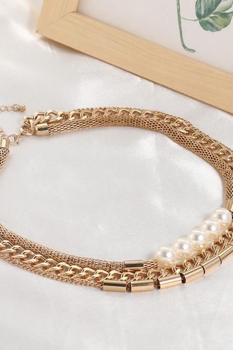 Multi-layer metal pearl necklace, personality temperament accessories, collarbone chain, women's accessories
