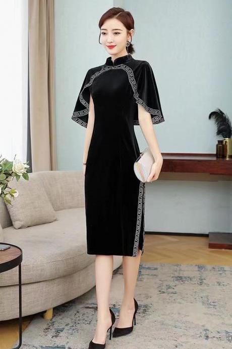 Vintage Chinese style, velvet dress, modified cheongsam dress,elegant dress