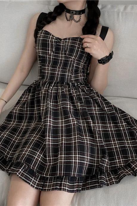Plaid vintage dress,spaghetti strap dress