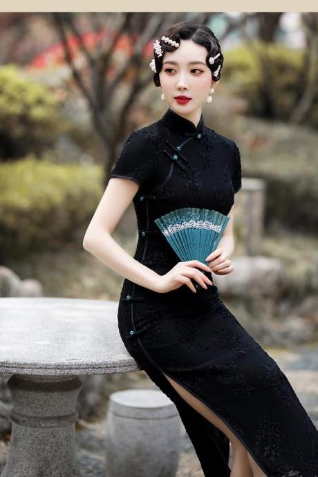 ,improved Fashion Ladies Lace Cheongsam, Long Black Party Dress