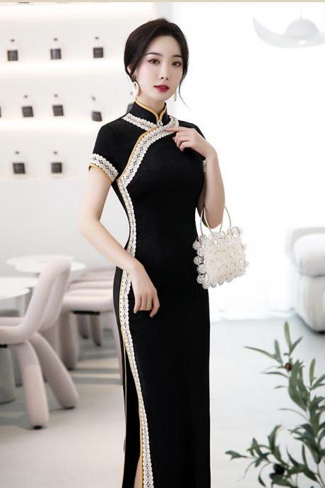 New,fashion ladies lace cheongsam, long black party dress,chinese style