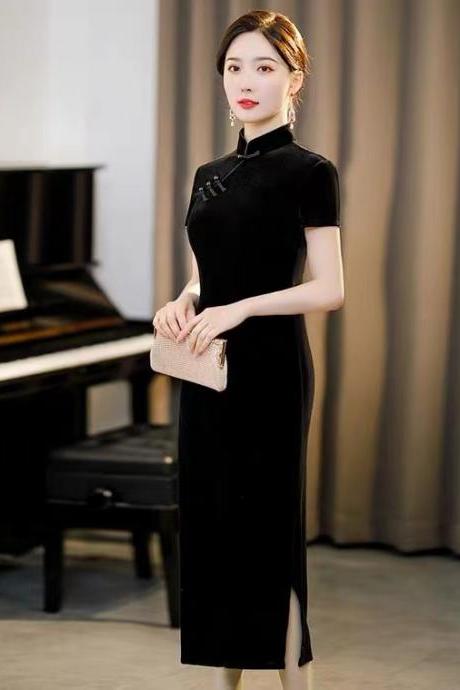 , Improved Version Of Cheongsam Dress, Black Velvet Sexy Slim Short Sleeve Cheongsam,chinese Style