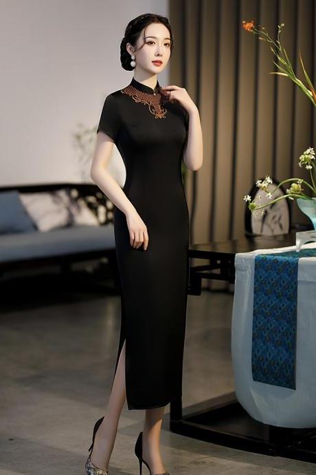 ,black Cheongsam, Long Sexy, Embroidered, High Quality, Elegant Runway Dress,chinese Style