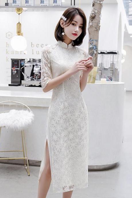 Fashion, Small And Fresh, Lace Cheongsam Dress, Modern Improvement, White Cheongsam , Bridesmaid Dress,chinese Style