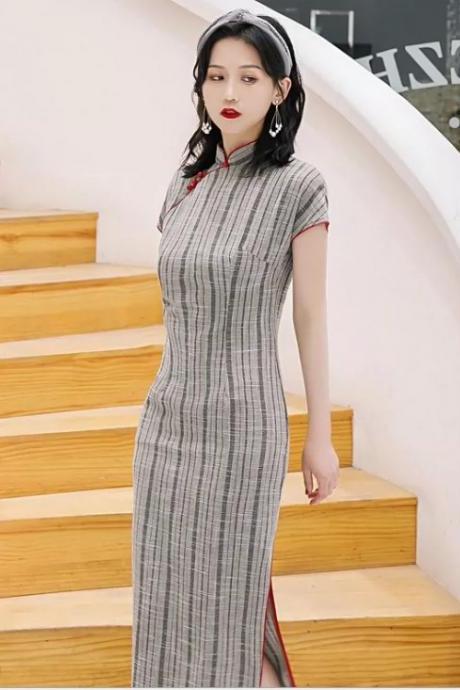 New, cheongsam dress, summer, cotton and linen cheongsam dress, daily/photo, Chinese style