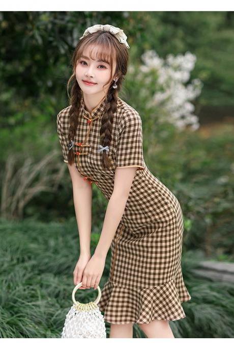 New, improved cheongsam, mermaid plaid dress, daily short sleeved summer dress,Chinese style