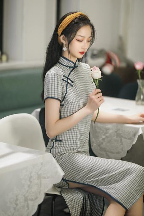 , Literary Style, Daily Cotton And Linen Cheongsam Dress, Chinese Plaid Dress, Summer,chinese Style