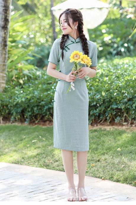 , Literary Style, Short Style Of Cheongsam For Students, Fresh Plaid, Breathable Cotton Dress, Modern Girl&amp;amp;amp;amp;#039;s Daily Dress