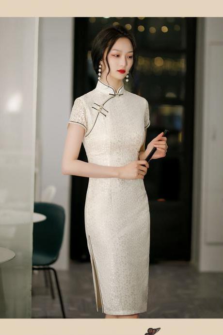 White Prom Dress, Improved Lace Cheongsam Midi Dress,chinese Style
