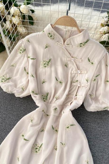 ,vintage, Temperament, Improved Cheongsam, Standing Collar Short Sleeve Plate Button, Embroidered Gentle Wind Dress,chinese Style
