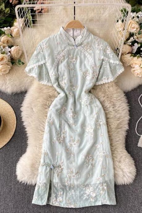 ,famous Socialite Temperament, Improved Cheongsam, Stand Collar Plate Buckle, Short Sleeves Embroidery Cheongsam, Slit Dress,chinese Style