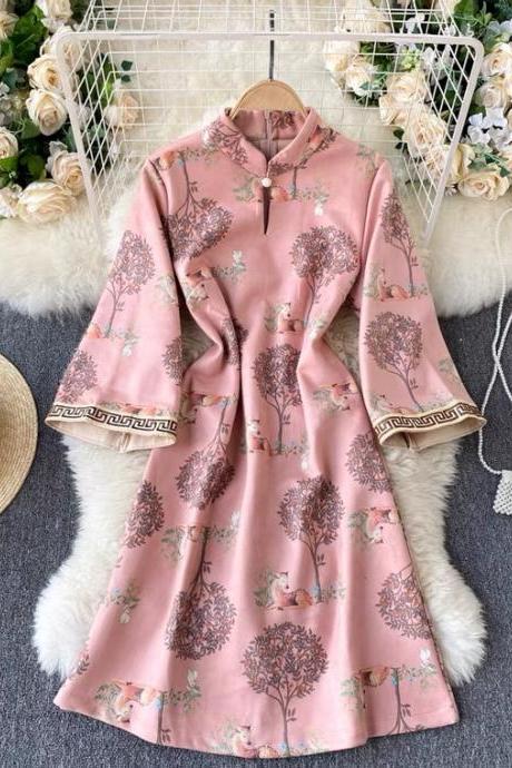 ,vintage, Improved Cheongsam Dress, Spring Temperament Standing Collar, Slim Pink Sleeve Dress,chinese Style