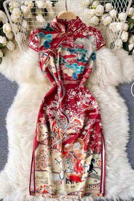 ,young Cheongsam Modified Version Dress,printed Bodycon Dress,chinese Style