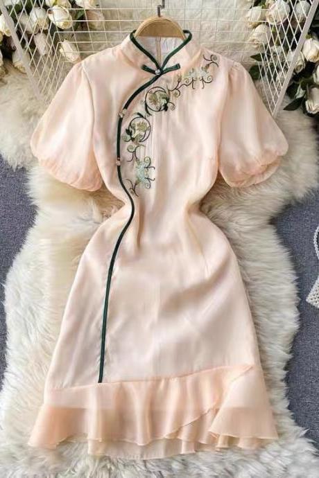 ,summer,vintage, Modified Cheongsam, Clash Colors, Coiled Button Embroidered Flowers, Short Sleeve Flounces, Bodycon Dress ,chinese Style