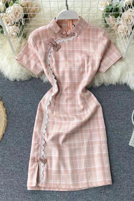 New,Summer, Improved version of cheongsam dress, temperament stand collar, vintage plaid short dress, bodycon dress ,chinese style