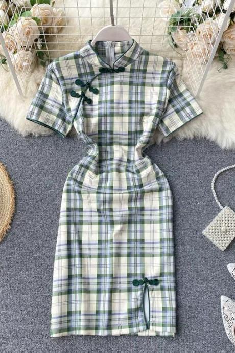 ,summer, Vintage, Cheongsam Modified Version Of The Dress, Girls, Young Style Short Sleeve Plaid Bodycon Dress ,chinese Style