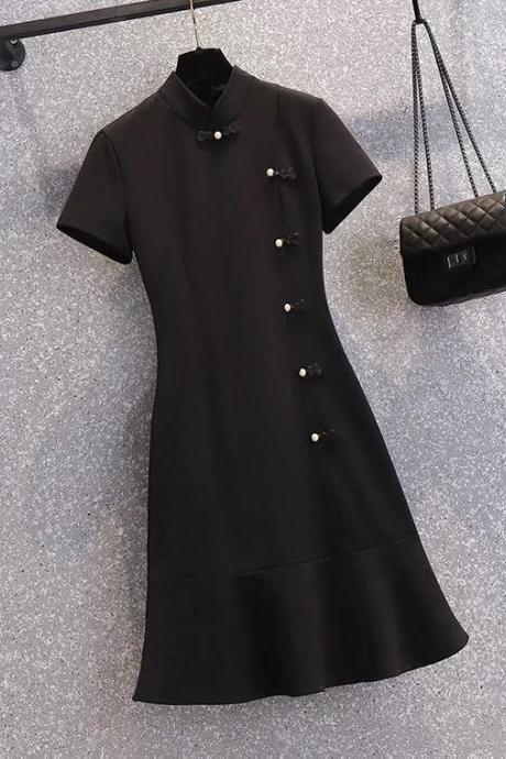 ,summer, Small Fresh Cheongsam, Vintage Black Dress ,chinese Style