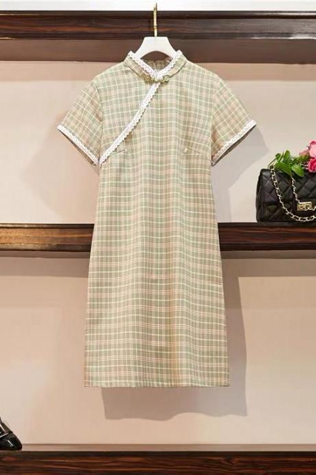Spring and summer new style, plaid dress, loose modern short-sleeved cheongsam