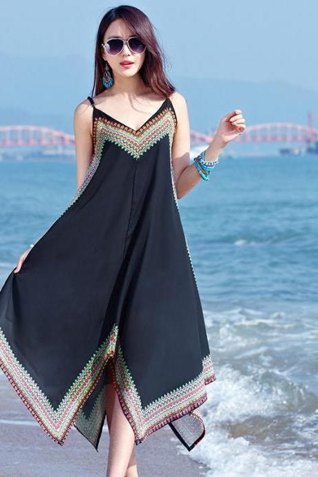 Bohemian, Printed Irregular Square Dress, Beach Spaghetti Strap Dress