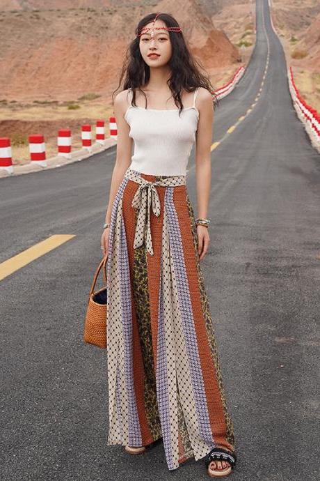 Spring And Summer, Style, Travel And Vacation Wear, Ethnic Style, High Waist Print Wide Leg Pants, Split Bohemian Pants