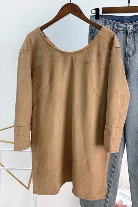 Spring And Autumn, Vintage, Suede Medium Length Top,