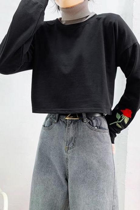 Delicate Rose Embroidery, Loose Casual Sweatshirt, Long - Sleeve T - Shirt ,