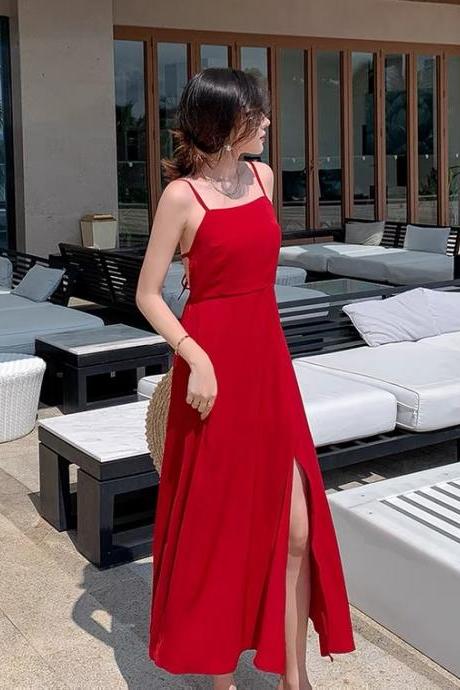 Backless Red Dress, Summer, Bohemian Holiday Chiffon Beach Dress, Sexy Slit Dress