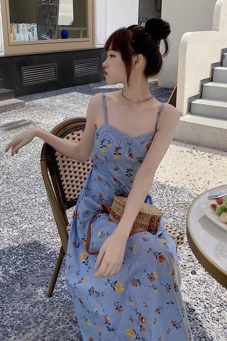 Small fresh, super sexy backless with floral dress, goddess temperament long dress
